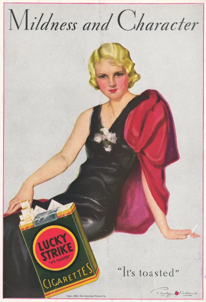 Anuncio de Lucky Strike de 1933 que relaciona el cigarrillo con la moda y la elegancia femenina
