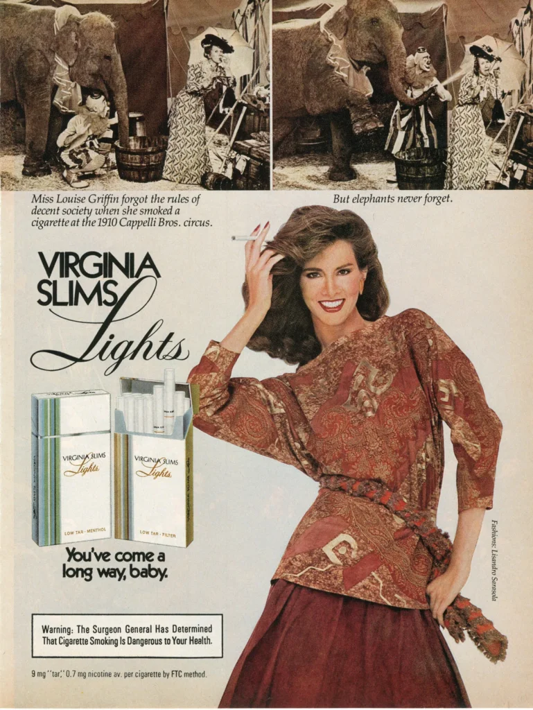 Anuncio de Virginia Slims de 1982 que presenta fumar como una expresión de libertad femenina