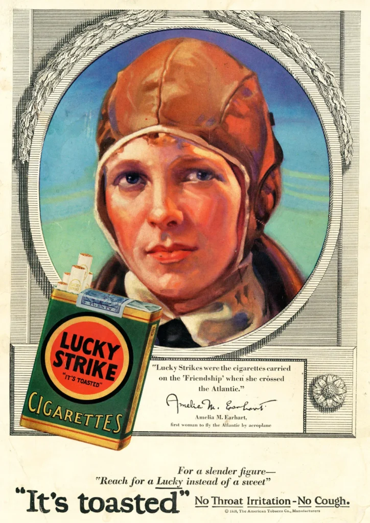 Anuncio de Lucky Strike de 1928 con Amelia Earhart utilizado para promocionar cigarrillos entre mujeres