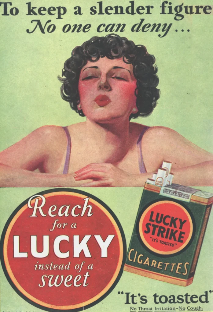 Anuncio de Lucky Strike de 1929 que relaciona fumar con mantener una figura esbelta