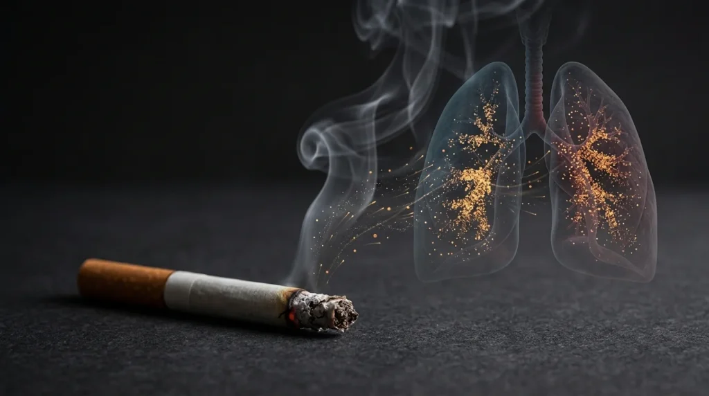 Cigarrillo y humo con representación del polonio-210 y los pulmones