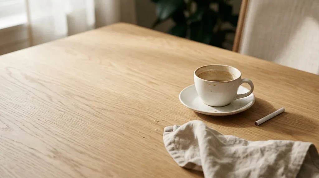 Cigarrillo apagado junto a una taza de café sobre una mesa después de comer